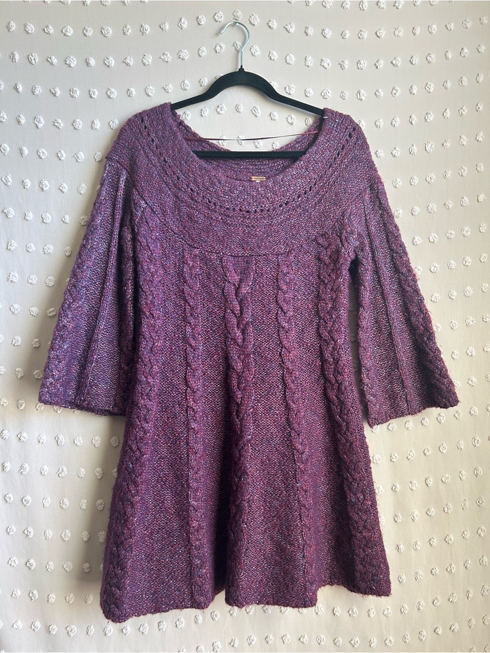 Free People Cable Knit Bell Sleeve Sweater Mini Dress Sz M Purple